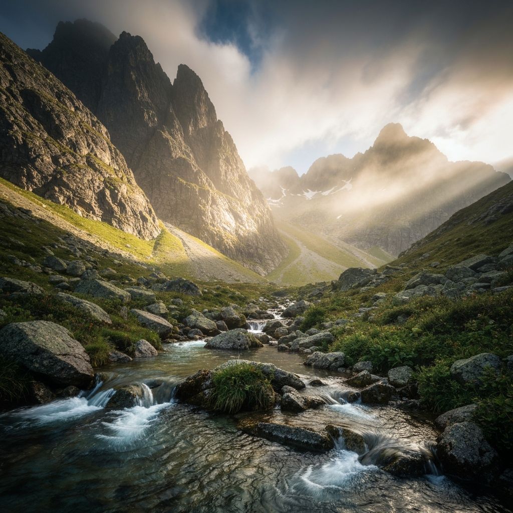 Misty rocky mountain peaks with flowing spring water